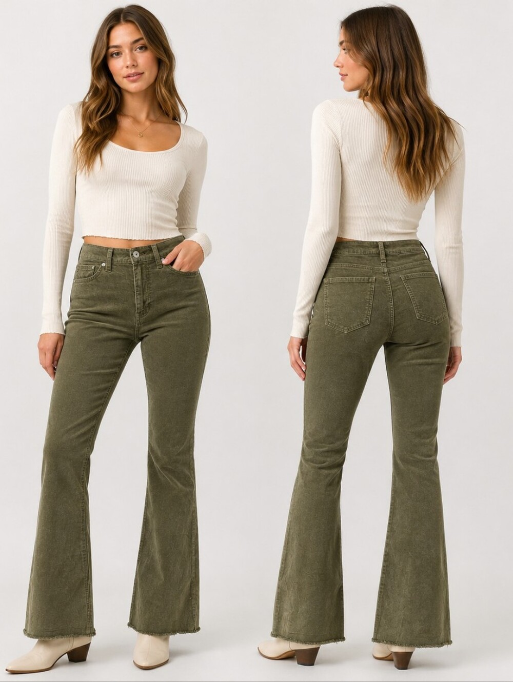 RE Generation by Celebrity Pink Flower Olive Green Corduroy Flare Pants Size 3/2